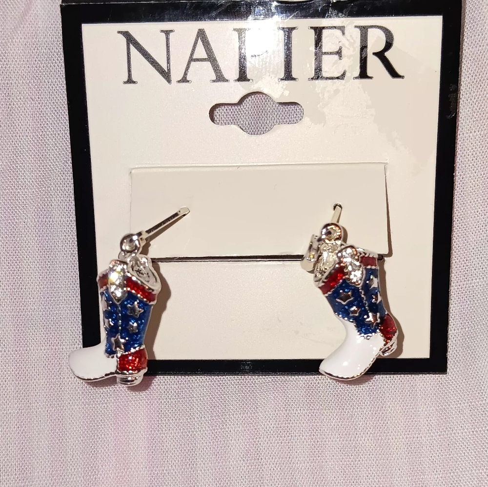 Napier Silver Tone Red, White, and Blue Cowboy Boot Earrings